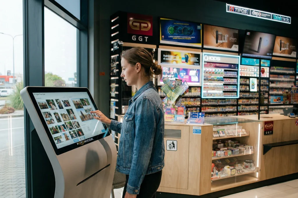 Zákazník tlačí fotografie cez moderný fotokiosk