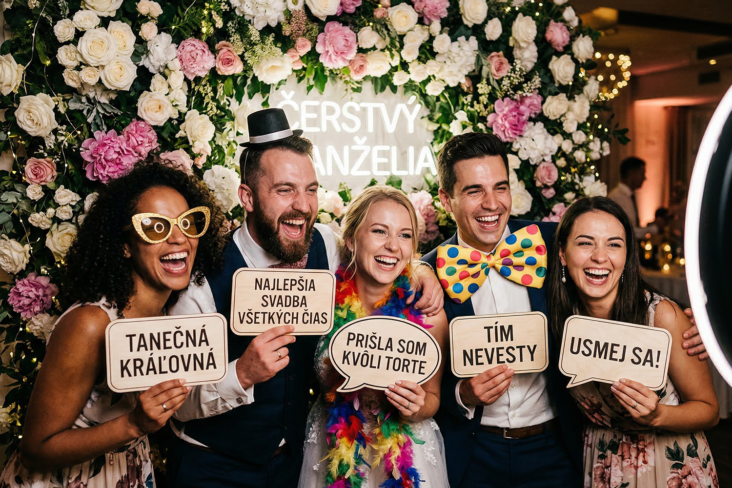 Šťastní hostia používajú fotobúdku na svadbe
