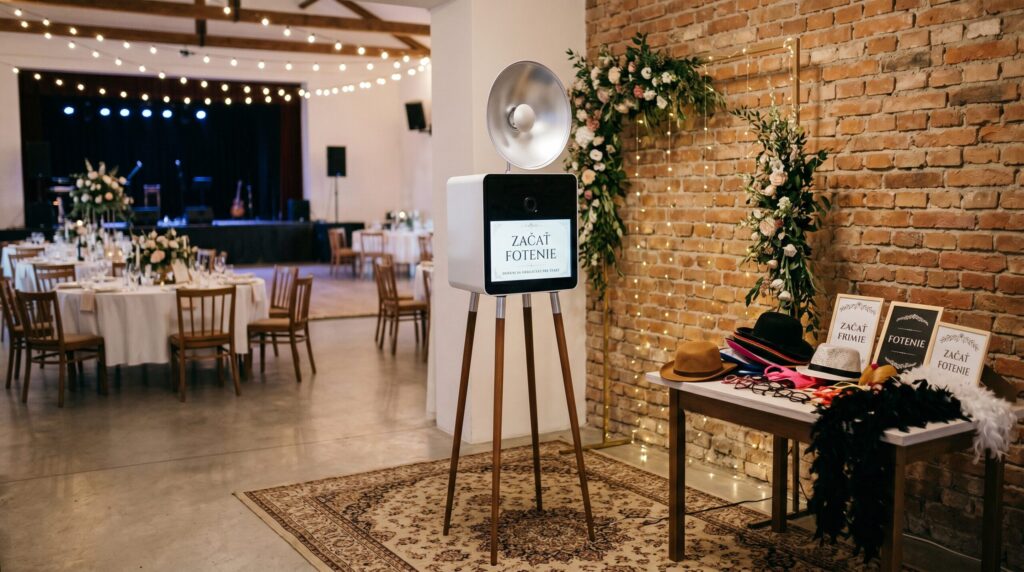 Elegantná svadobná fotobúdka pripravená na večernú párty