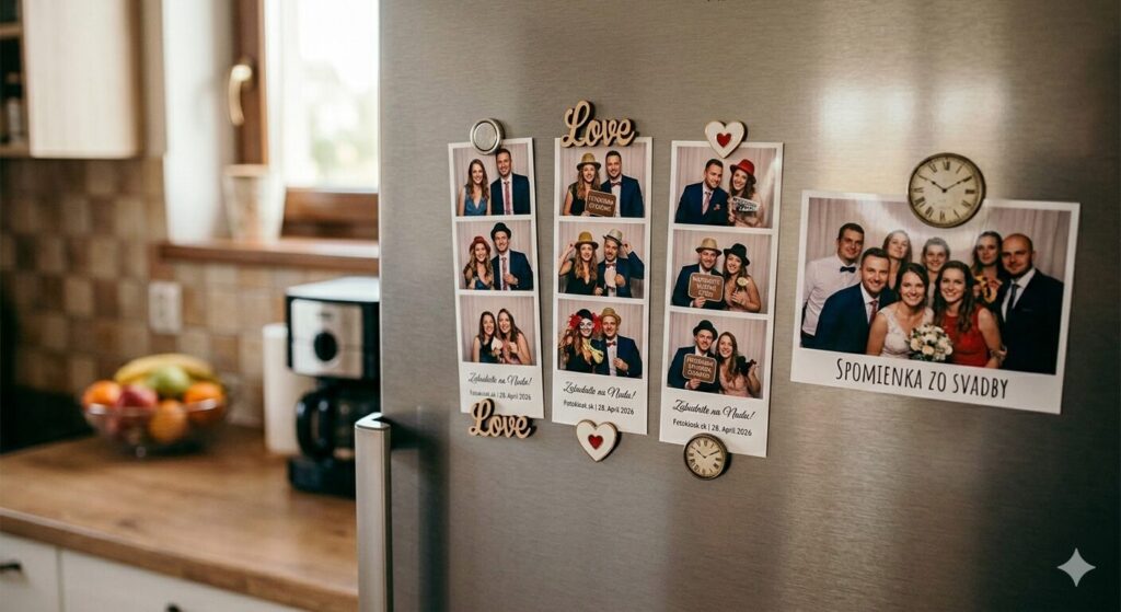 Vytlačené svadobné fotografie z fotobúdky pripevnené magnetkami na dverách chladničky.